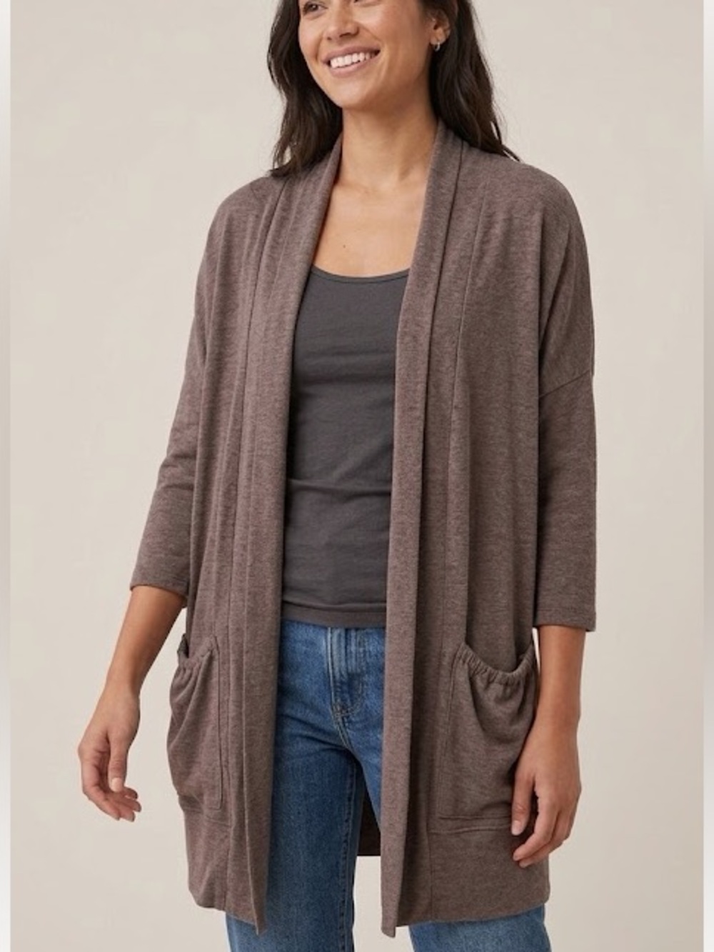 Pact Organic Cotton Drape Front Pocket Cardigan Taupe XS/S